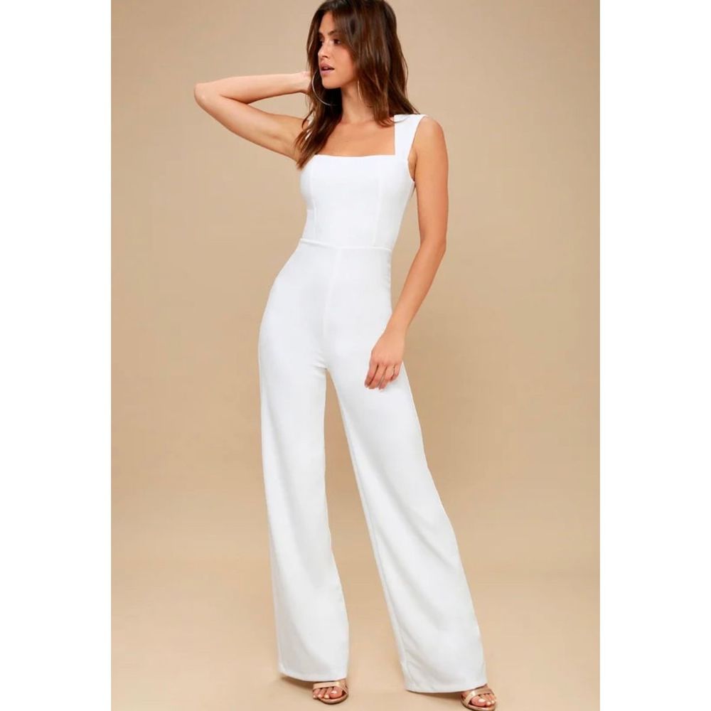 Lulus Medium Enticing Endeavors White Jumpsuit Bachelorette Wedding Guest Outfit
